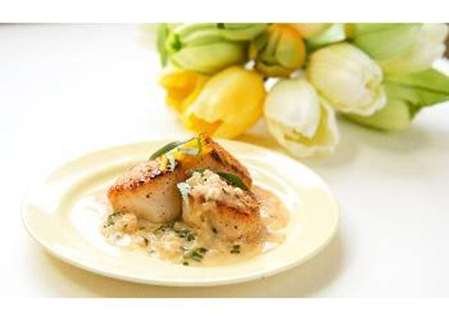 recipe image Noix de Saint-Jacques aux petits légumes et sauce blanche allégée en matière grasse