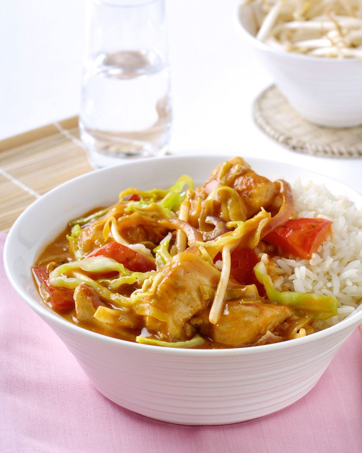 Curry Thaï au poulet et aux légumes avec du riz blanc